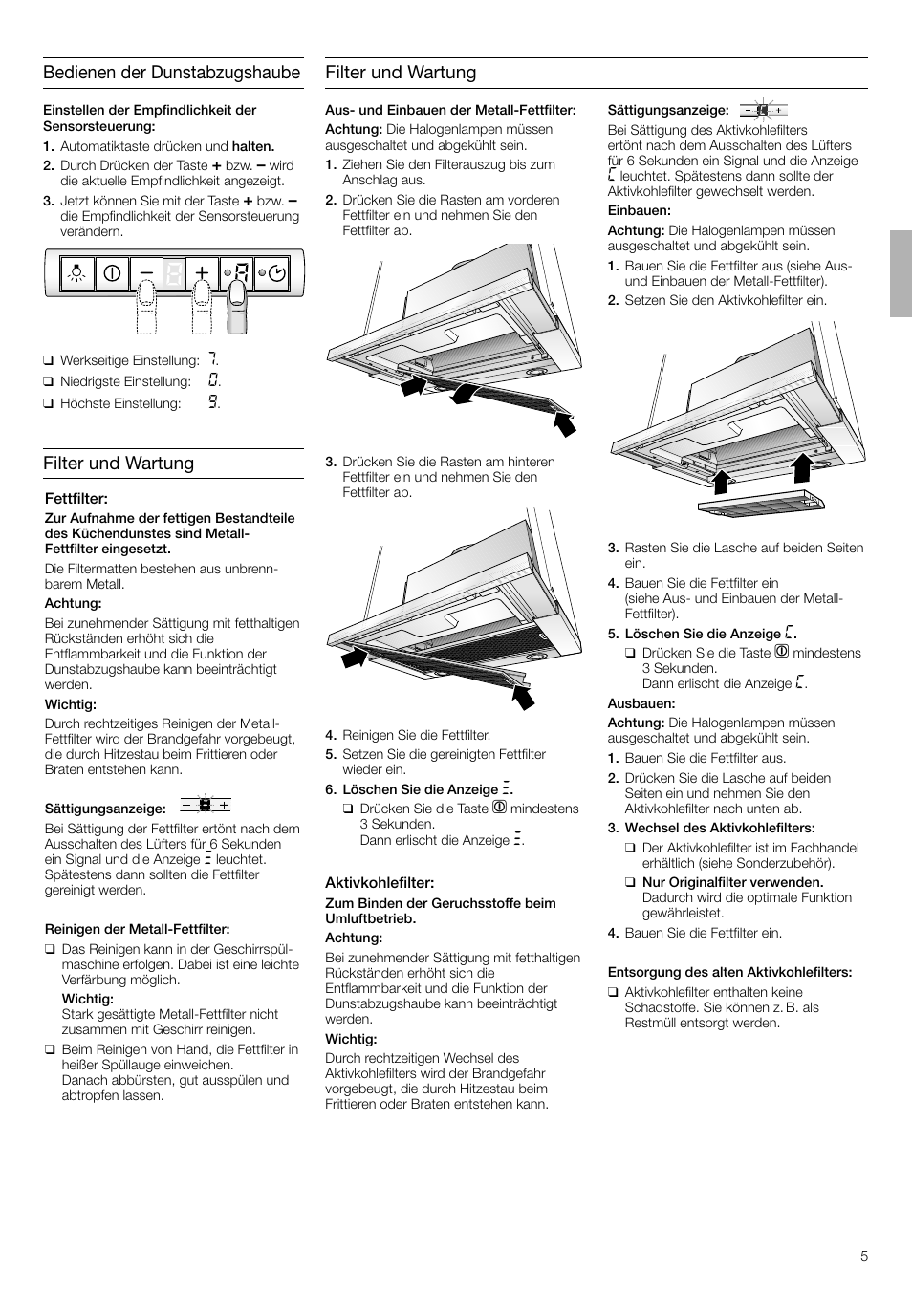 Bedienen der dunstabzugshaube filter und wartung, Filter und wartung | Neff D4692X0 User Manual | Page 5 / 68
