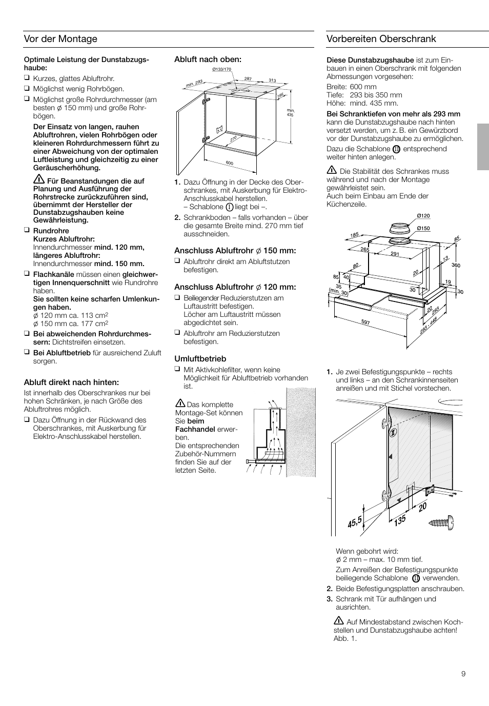 Vor der montage, Vorbereiten oberschrank | Neff D4692X0 User Manual | Page 9 / 68