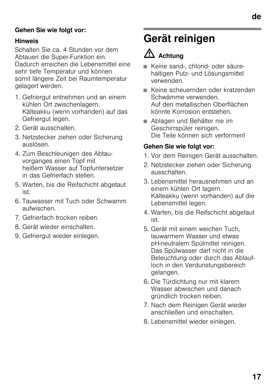Gehen sie wie folgt vor, Gerät reinigen, M achtung | De 17 | Neff KI2423D40 User Manual | Page 17 / 101