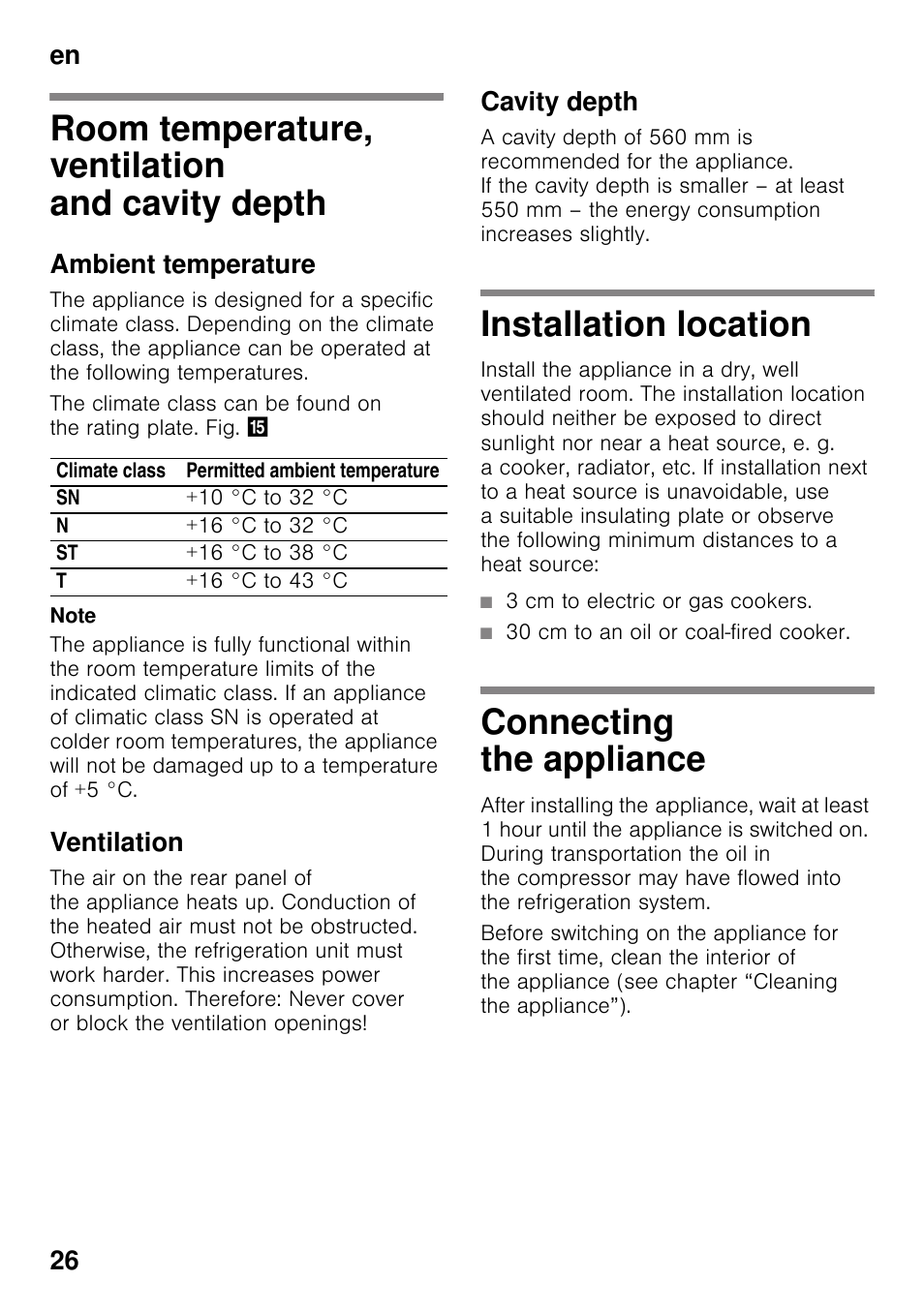 Room temperature, ventilation and cavity depth, Ambient temperature, Ventilation | Cavity depth, Installation location, 3 cm to electric or gas cookers, 30 cm to an oil or coal-fired cooker, Connecting the appliance, En 26 | Neff KI2423D40 User Manual | Page 26 / 101