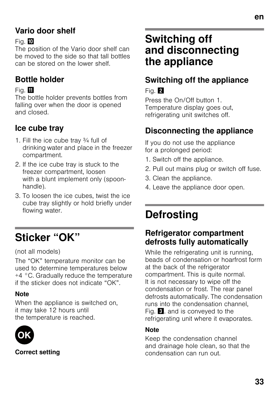 Vario door shelf, Bottle holder, Ice cube tray | Sticker “ok, Switching off and disconnecting the appliance, Switching off the appliance, Disconnecting the appliance, Defrosting, The appliance defrosting, En 33 vario door shelf | Neff KI2423D40 User Manual | Page 33 / 101