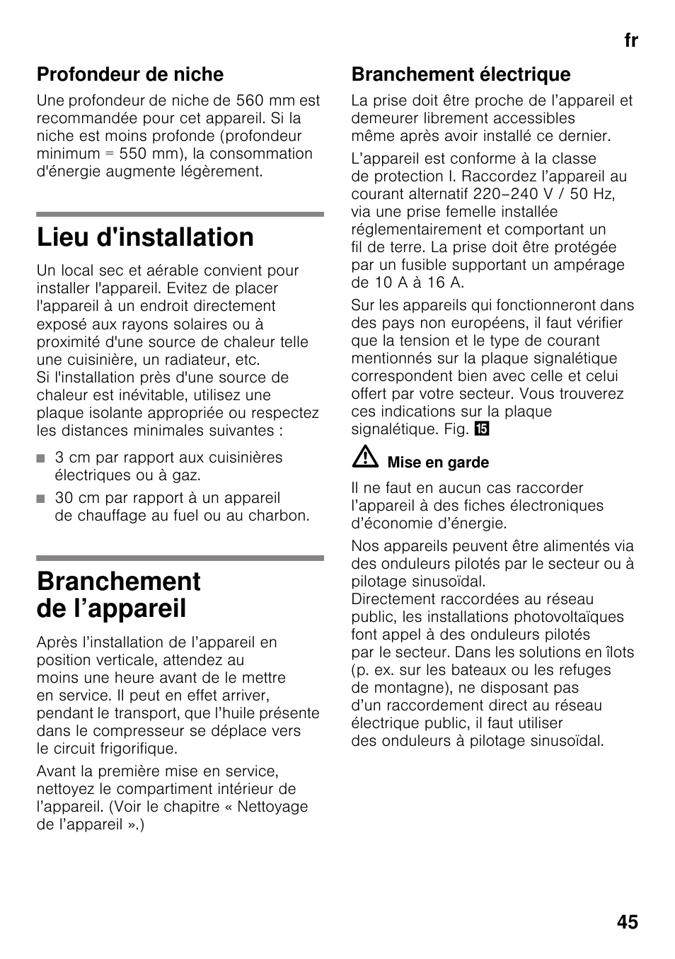 Profondeur de niche, Lieu d'installation, Branchement de l’appareil | Branchement électrique, Lieu d'installation branchement de l’appareil, Fr 45 profondeur de niche | Neff KI2423D40 User Manual | Page 45 / 101
