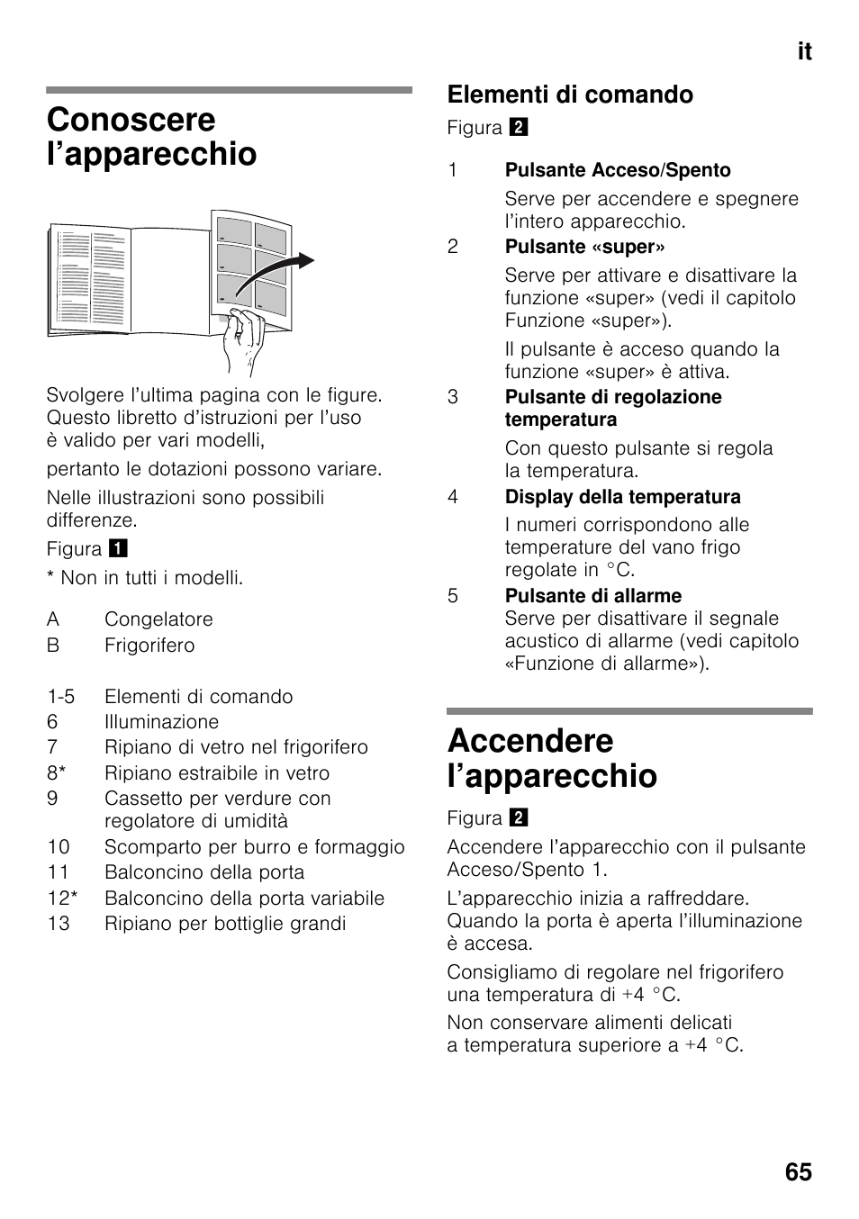 Conoscere l’apparecchio, Elementi di comando, Accendere l’apparecchio | Conoscere l’apparecchio accendere l’apparecchio, It 65 | Neff KI2423D40 User Manual | Page 65 / 101