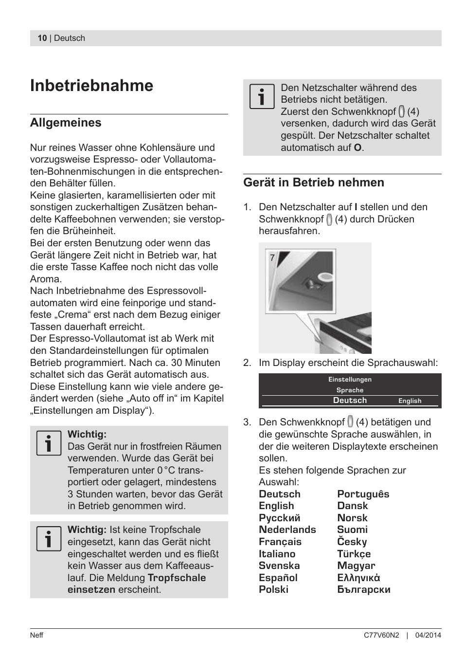 Inbetriebnahme, Allgemeines, Gerät in betrieb nehmen | Neff C77V60N2 User Manual | Page 12 / 98