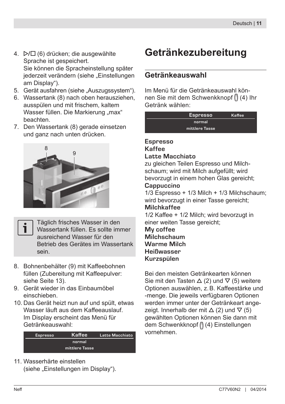 Getränkezubereitung, Getränkeauswahl | Neff C77V60N2 User Manual | Page 13 / 98