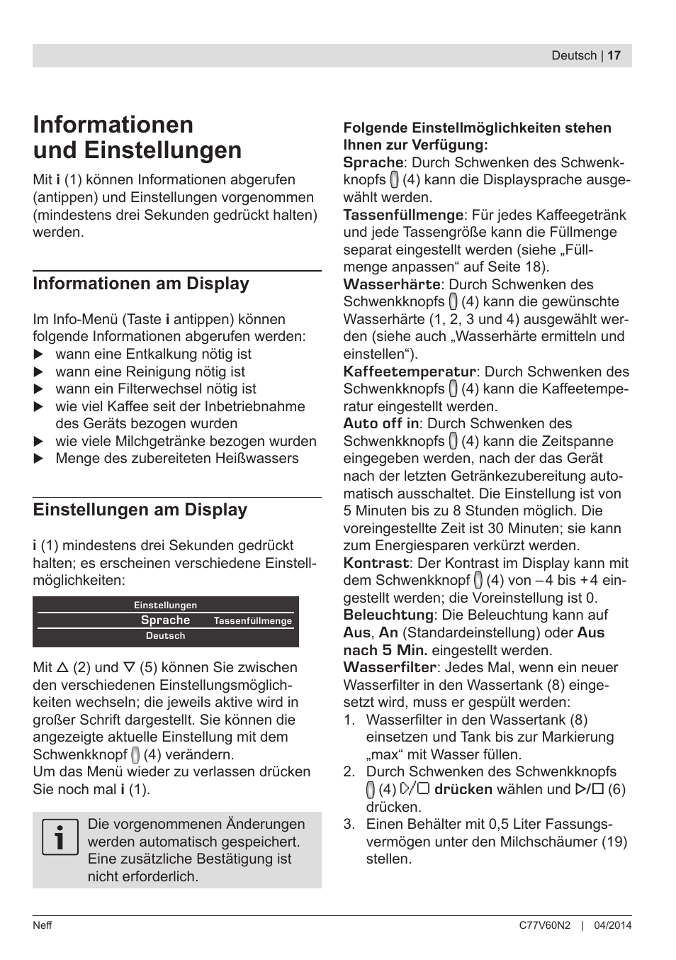 Informationen und einstellungen, Informationen am display, Einstellungen am display | Neff C77V60N2 User Manual | Page 19 / 98