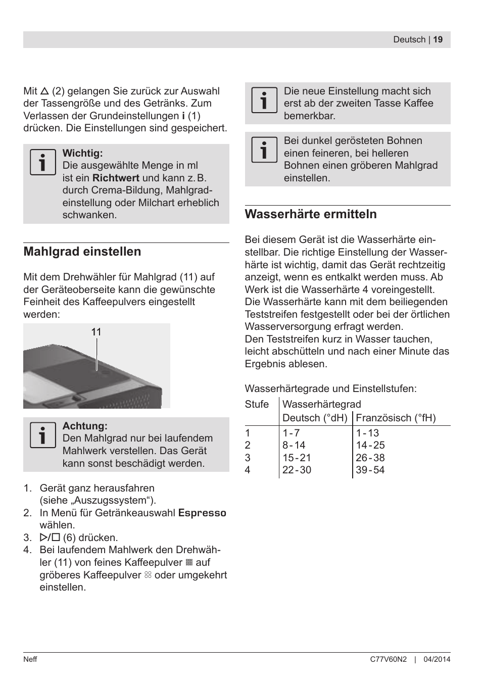 Mahlgrad einstellen, Wasserhärte ermitteln | Neff C77V60N2 User Manual | Page 21 / 98