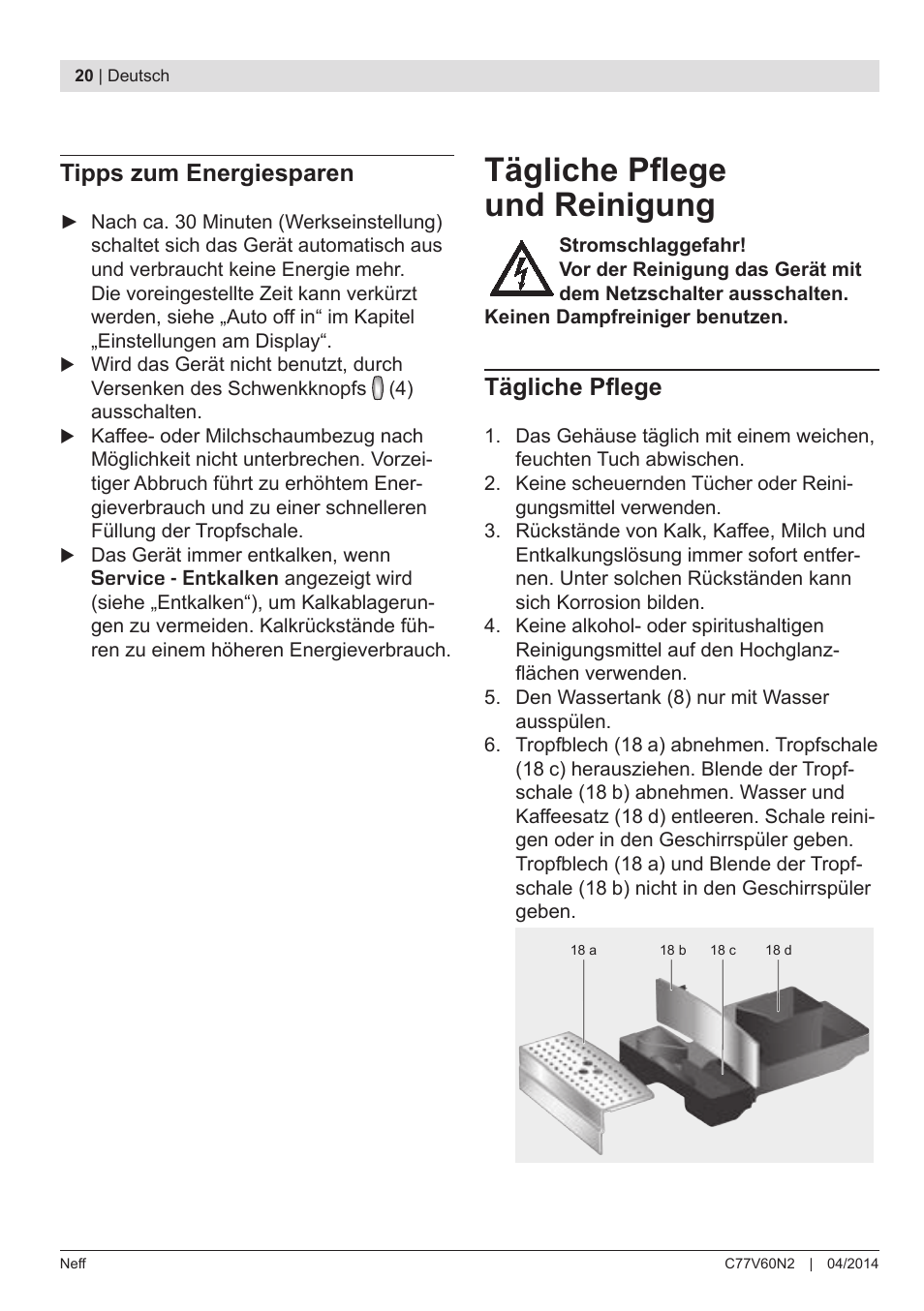Tägliche pflege und reinigung, Tipps zum energiesparen, Tägliche pflege | Neff C77V60N2 User Manual | Page 22 / 98
