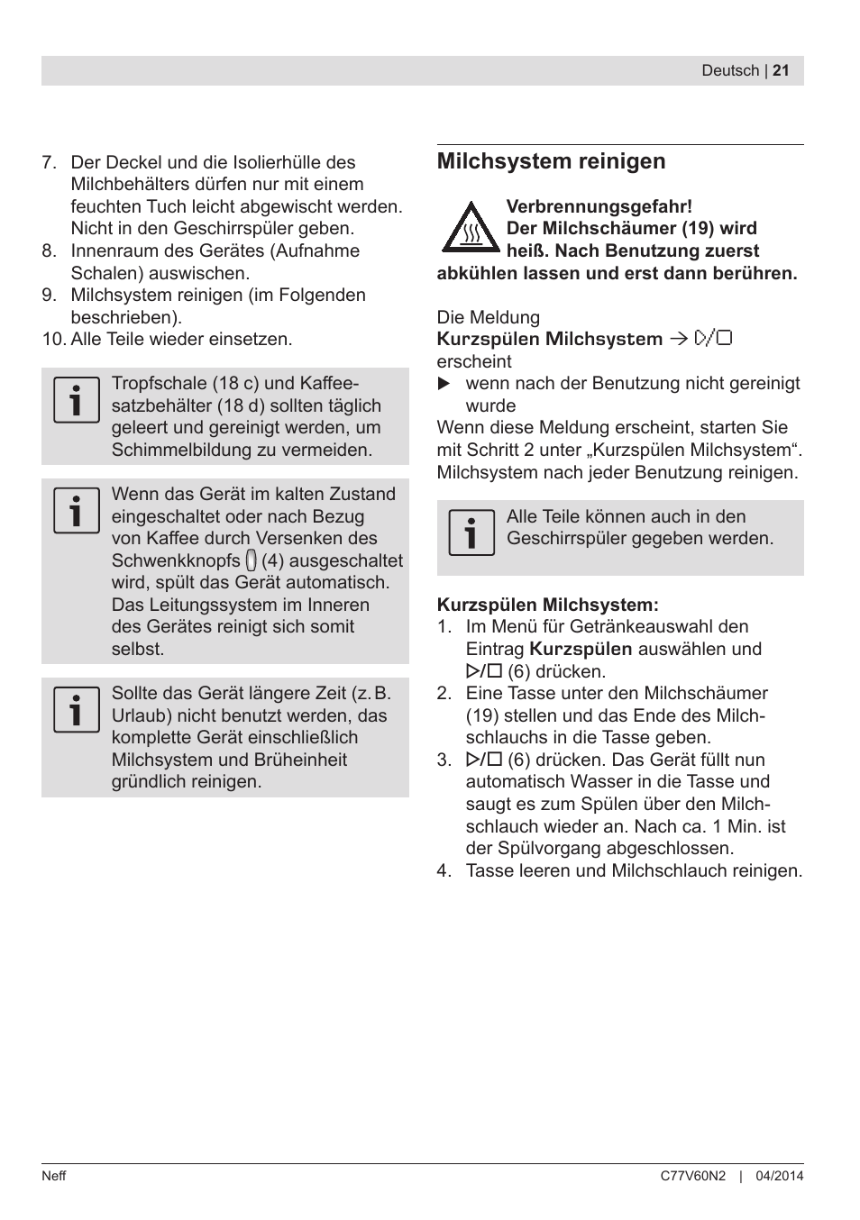 Milchsystem reinigen | Neff C77V60N2 User Manual | Page 23 / 98