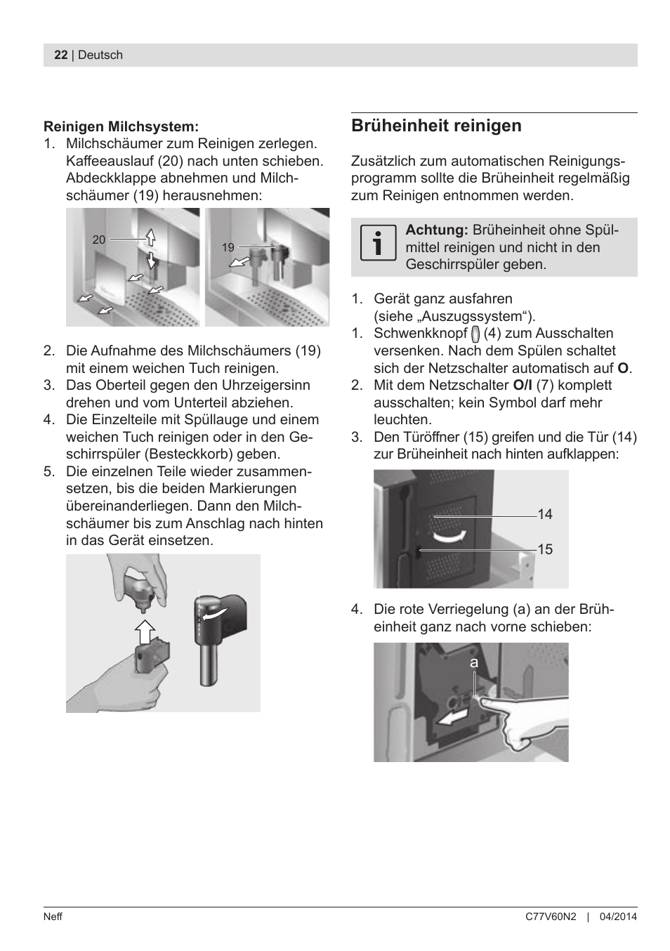 Brüheinheit reinigen | Neff C77V60N2 User Manual | Page 24 / 98