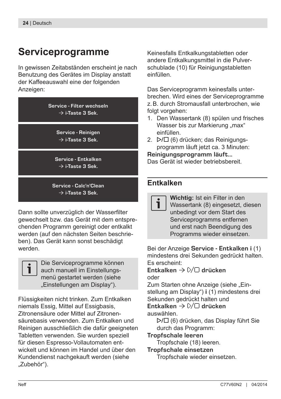 Serviceprogramme, Entkalken | Neff C77V60N2 User Manual | Page 26 / 98