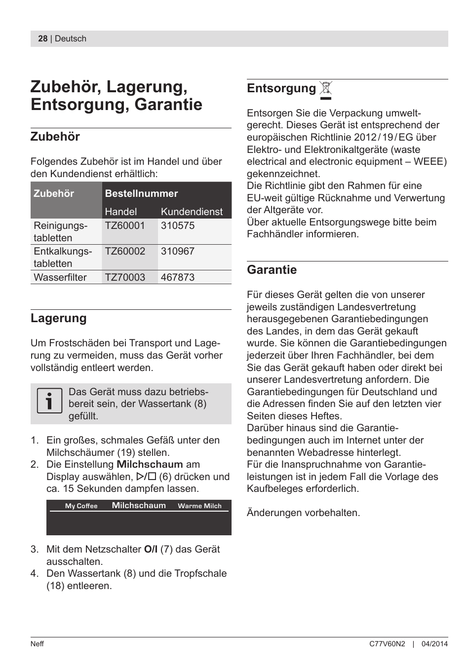 Zubehör, lagerung, entsorgung, garantie, Zubehör, Lagerung | Entsorgung, Garantie | Neff C77V60N2 User Manual | Page 30 / 98