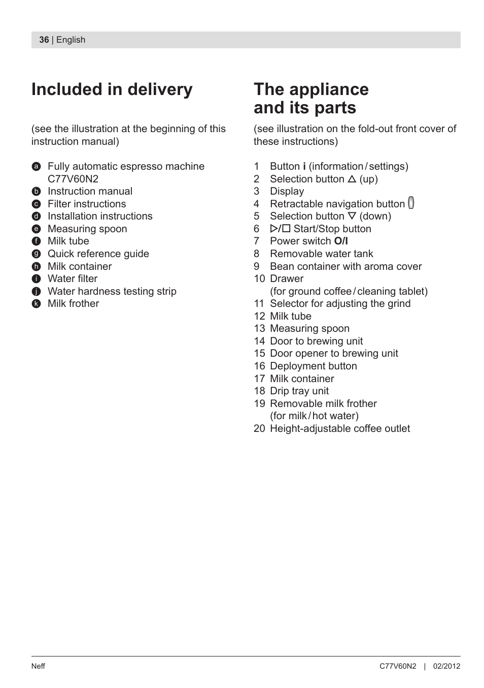 Included in delivery, The appliance and its parts | Neff C77V60N2 User Manual | Page 38 / 98