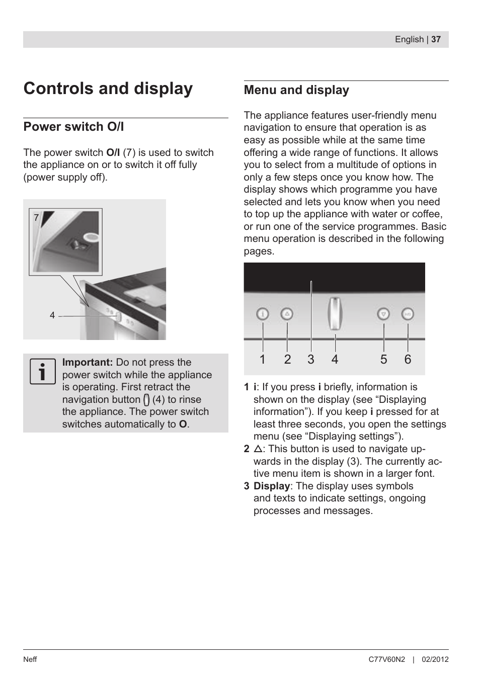 Controls and display | Neff C77V60N2 User Manual | Page 39 / 98