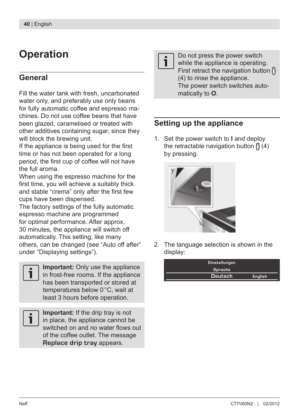 Operation, General, Setting up the appliance | Neff C77V60N2 User Manual | Page 42 / 98