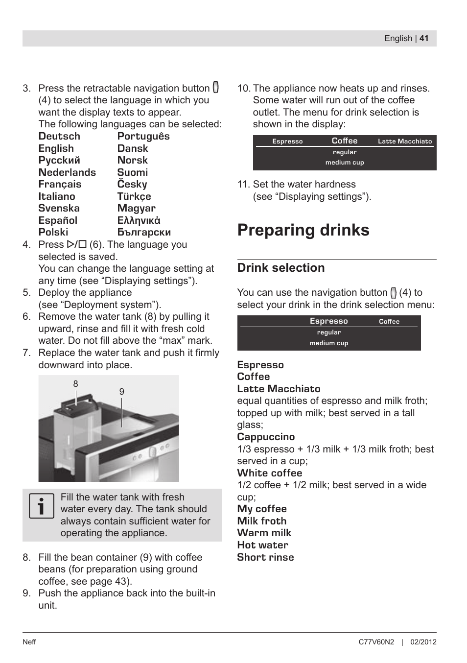 Preparing drinks, Drink selection | Neff C77V60N2 User Manual | Page 43 / 98