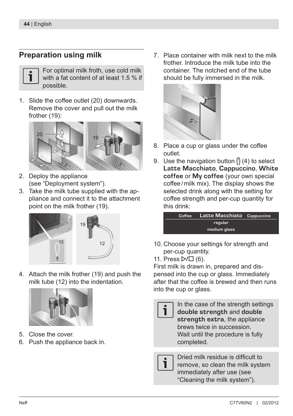 Preparation using milk | Neff C77V60N2 User Manual | Page 46 / 98