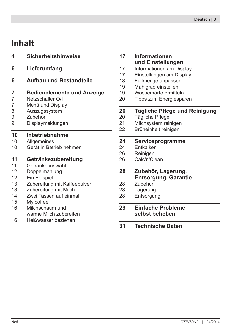 Inhalt | Neff C77V60N2 User Manual | Page 5 / 98