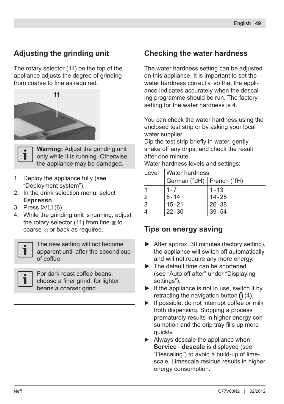 Adjusting the grinding unit, Checking the water hardness, Tips on energy saving | Neff C77V60N2 User Manual | Page 51 / 98