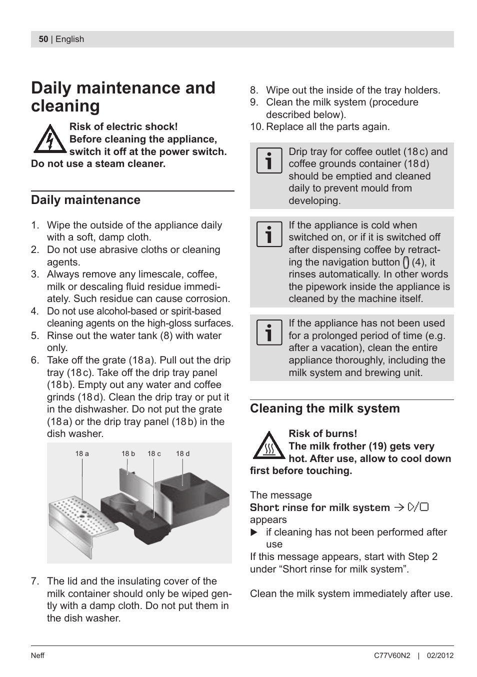 Daily maintenance and cleaning, Daily maintenance, Cleaning the milk system | Neff C77V60N2 User Manual | Page 52 / 98