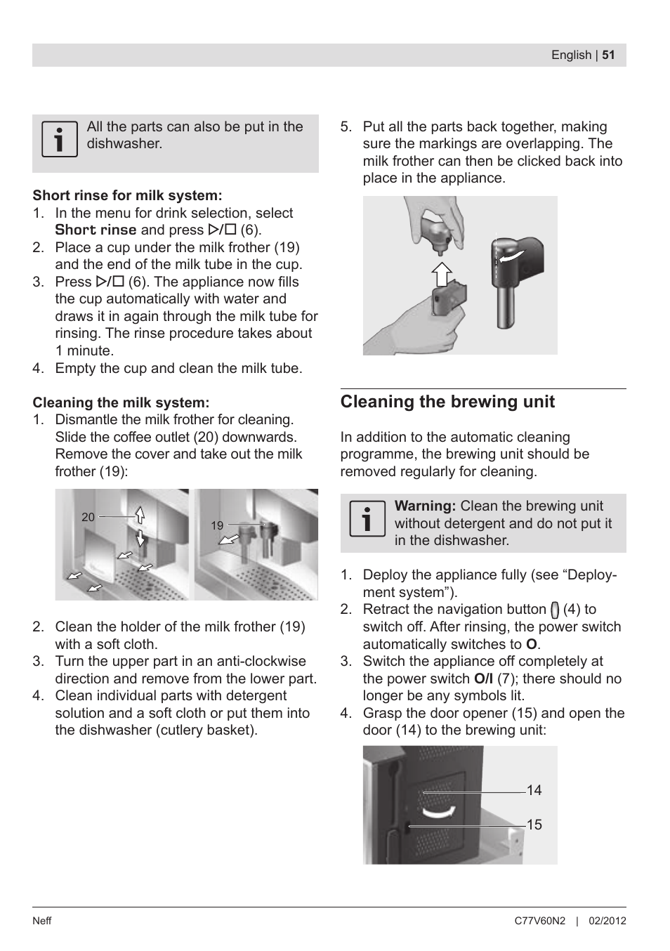 Cleaning the brewing unit | Neff C77V60N2 User Manual | Page 53 / 98