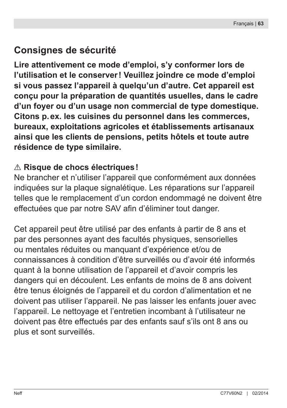 Consignes de sécurité | Neff C77V60N2 User Manual | Page 65 / 98