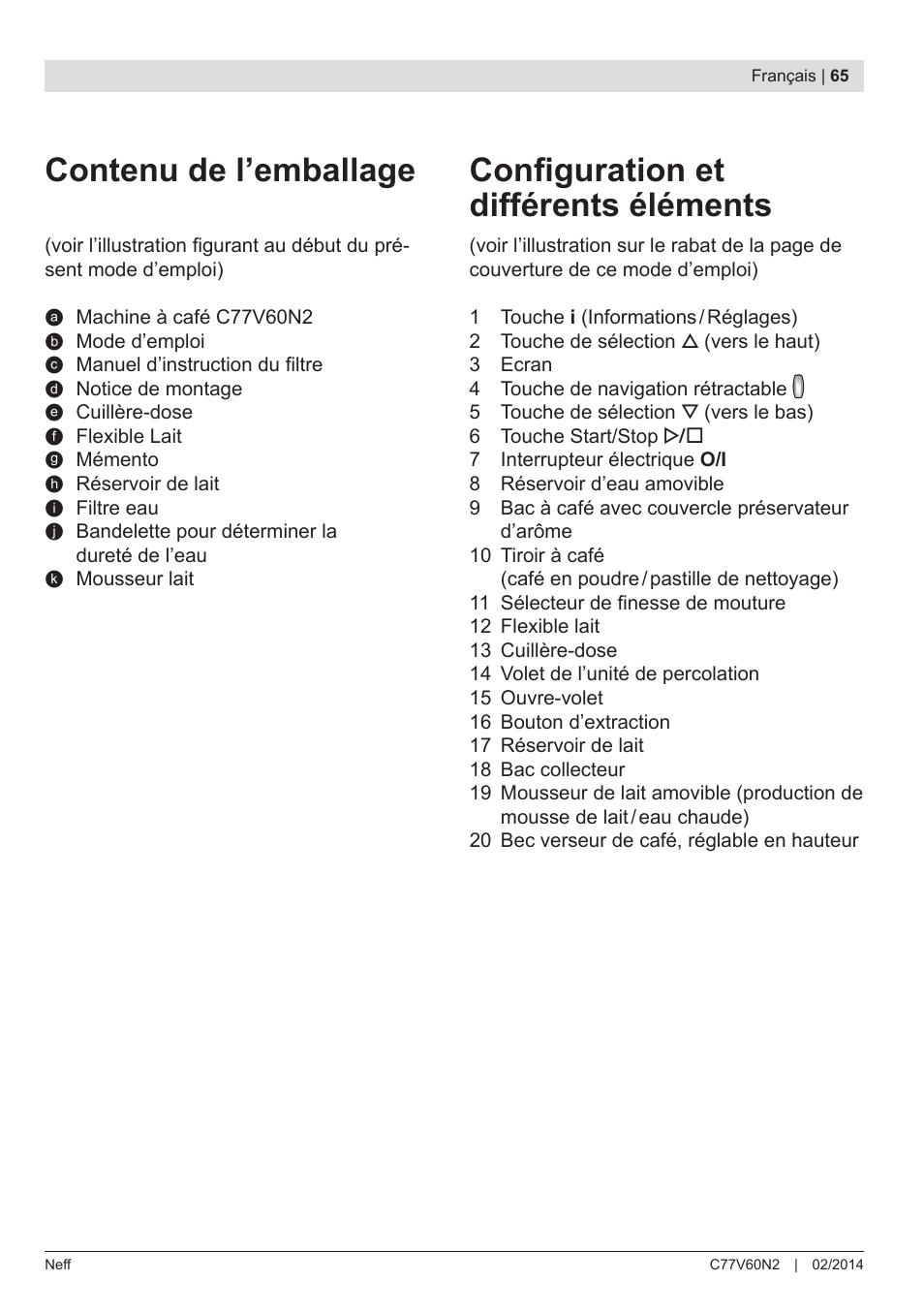 Contenu de l’emballage, Configuration et différents éléments | Neff C77V60N2 User Manual | Page 67 / 98