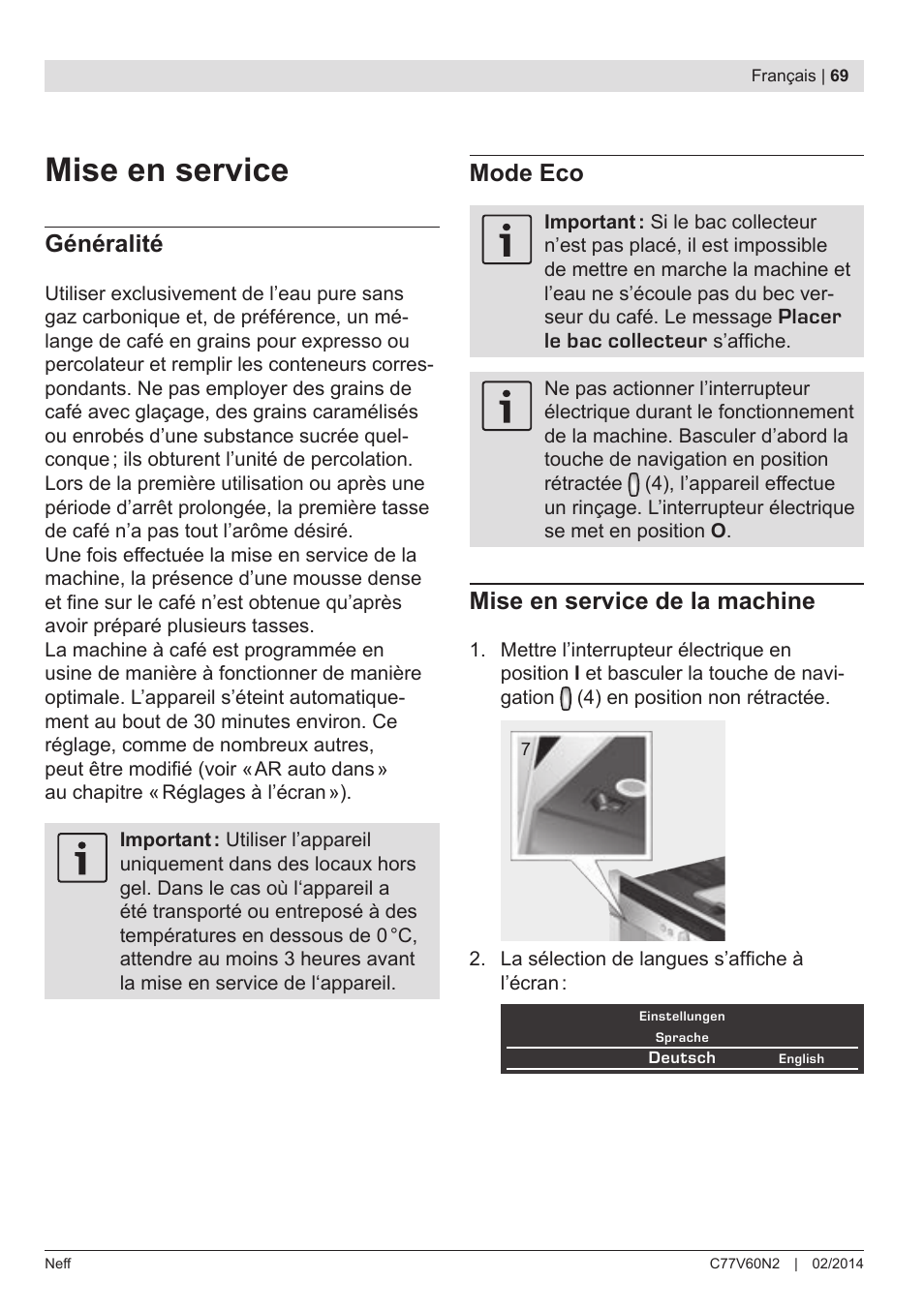 Mise en service, Généralité, Mode eco | Mise en service de la machine | Neff C77V60N2 User Manual | Page 71 / 98