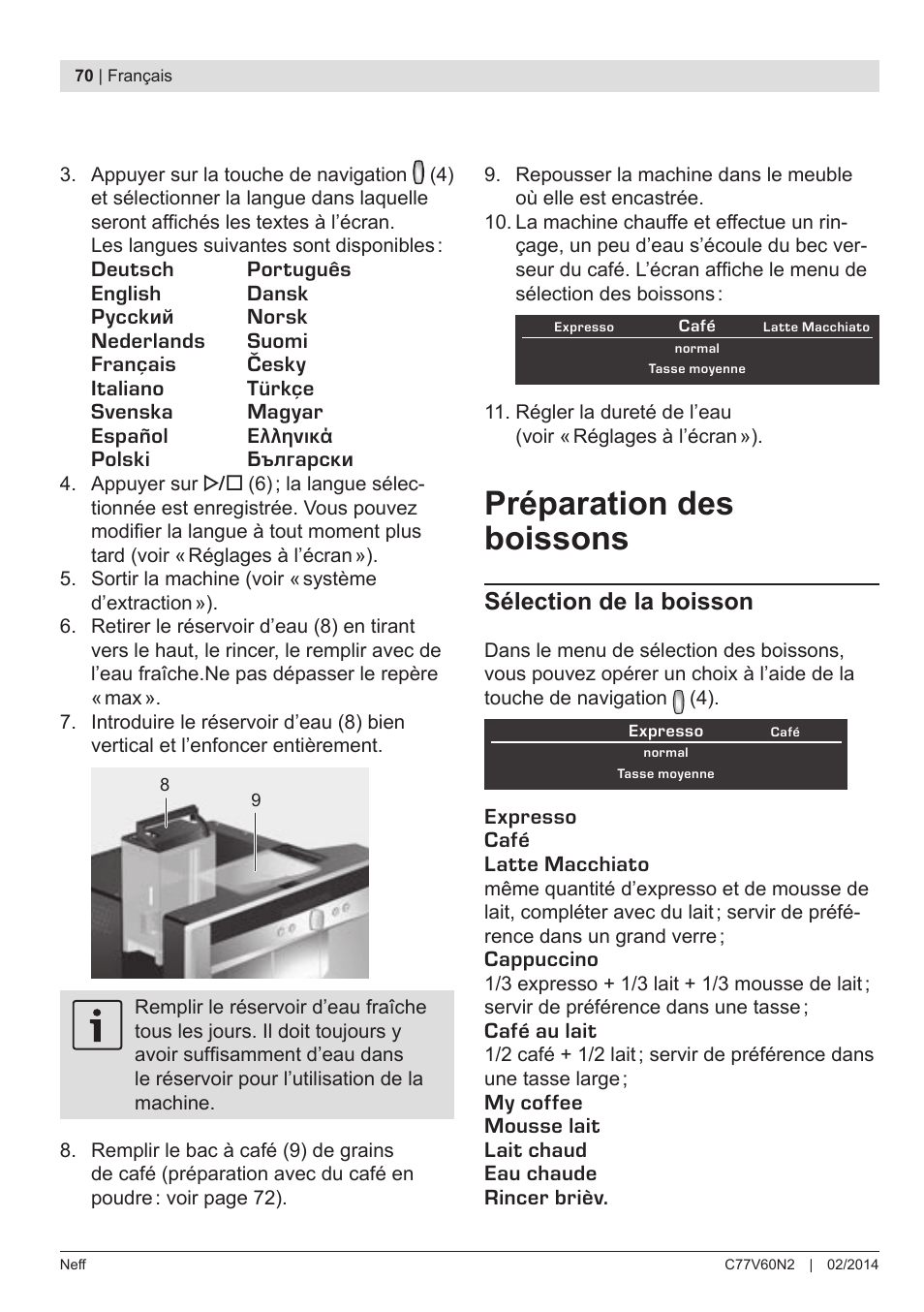 Préparation des boissons, Sélection de la boisson | Neff C77V60N2 User Manual | Page 72 / 98
