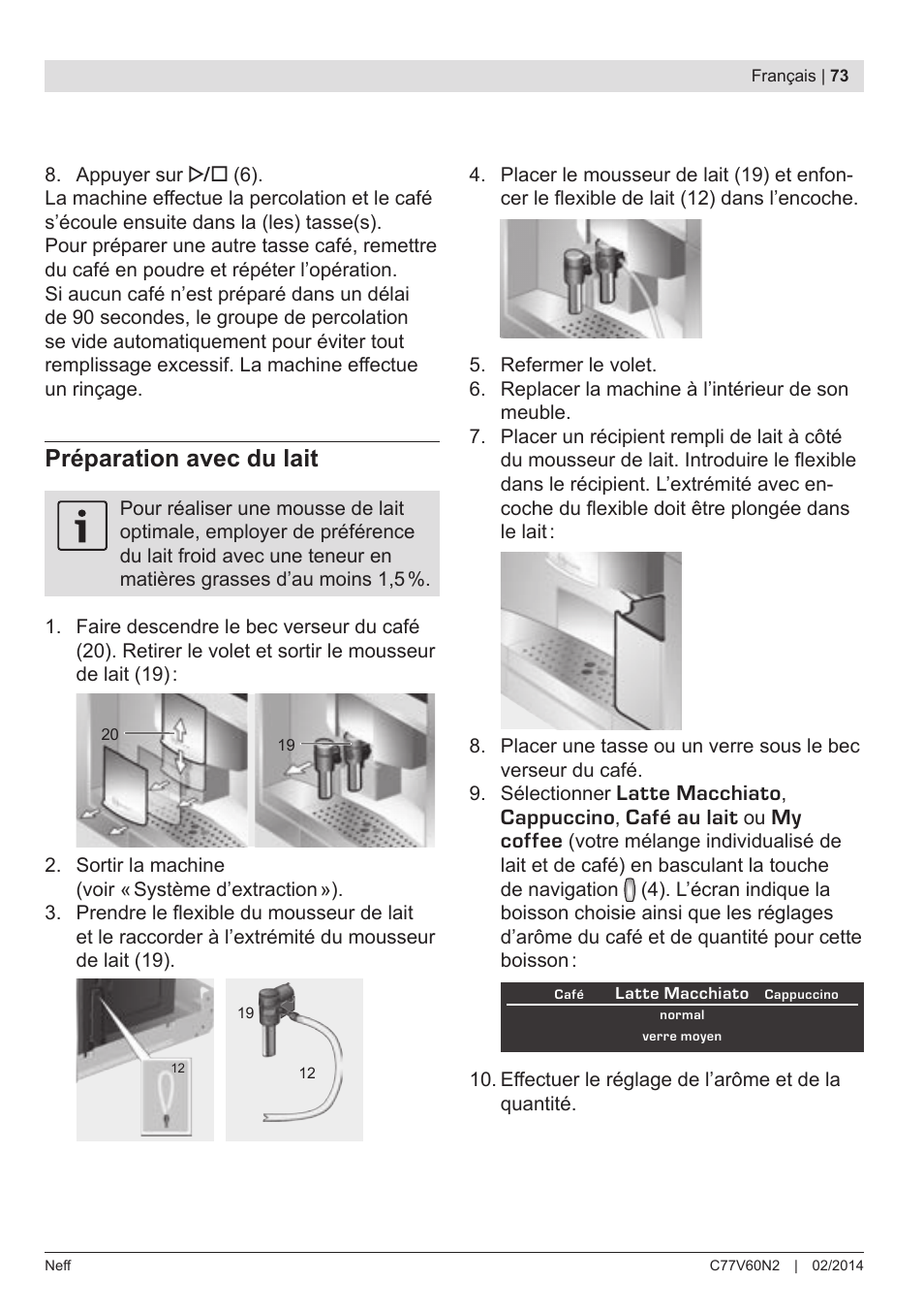 Préparation avec du lait | Neff C77V60N2 User Manual | Page 75 / 98