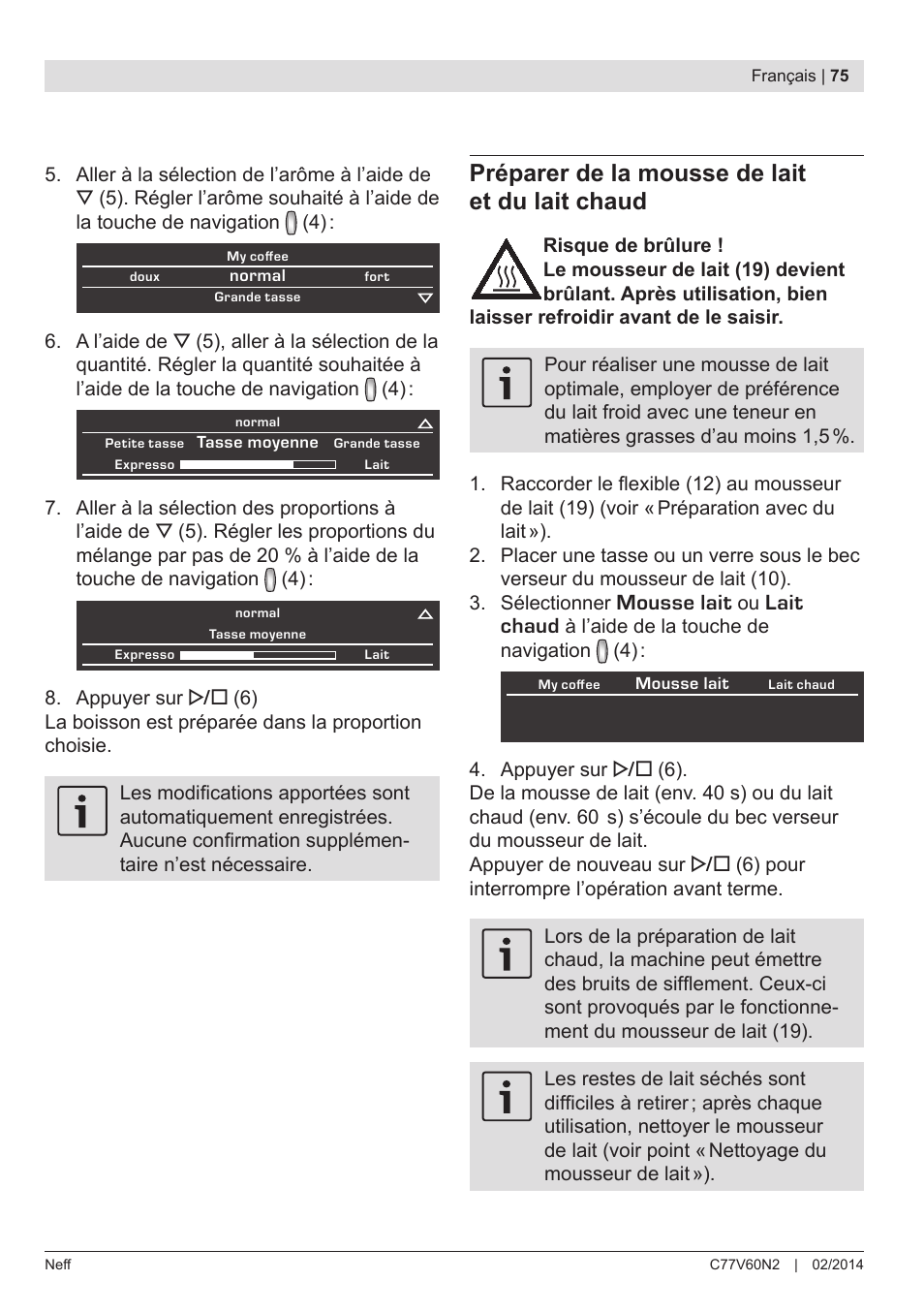 Préparer de la mousse de lait et du lait chaud | Neff C77V60N2 User Manual | Page 77 / 98