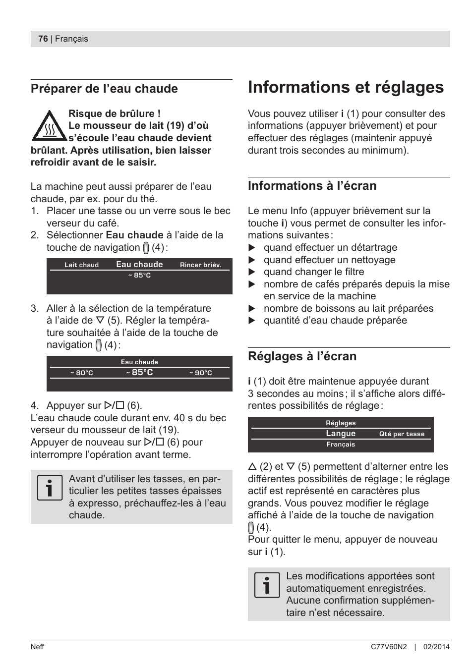 Informations et réglages, Préparer de l’eau chaude, Informations à l’écran | Réglages à l’écran | Neff C77V60N2 User Manual | Page 78 / 98