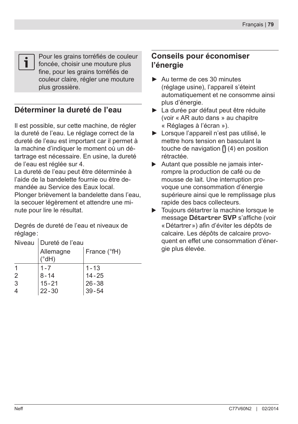 Déterminer la dureté de l’eau, Conseils pour économiser l’énergie | Neff C77V60N2 User Manual | Page 81 / 98