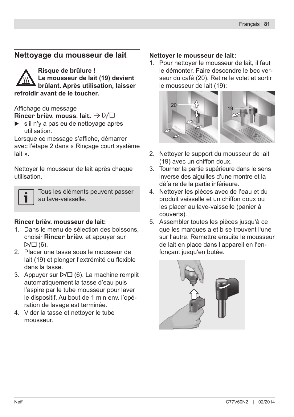 Nettoyage du mousseur de lait | Neff C77V60N2 User Manual | Page 83 / 98