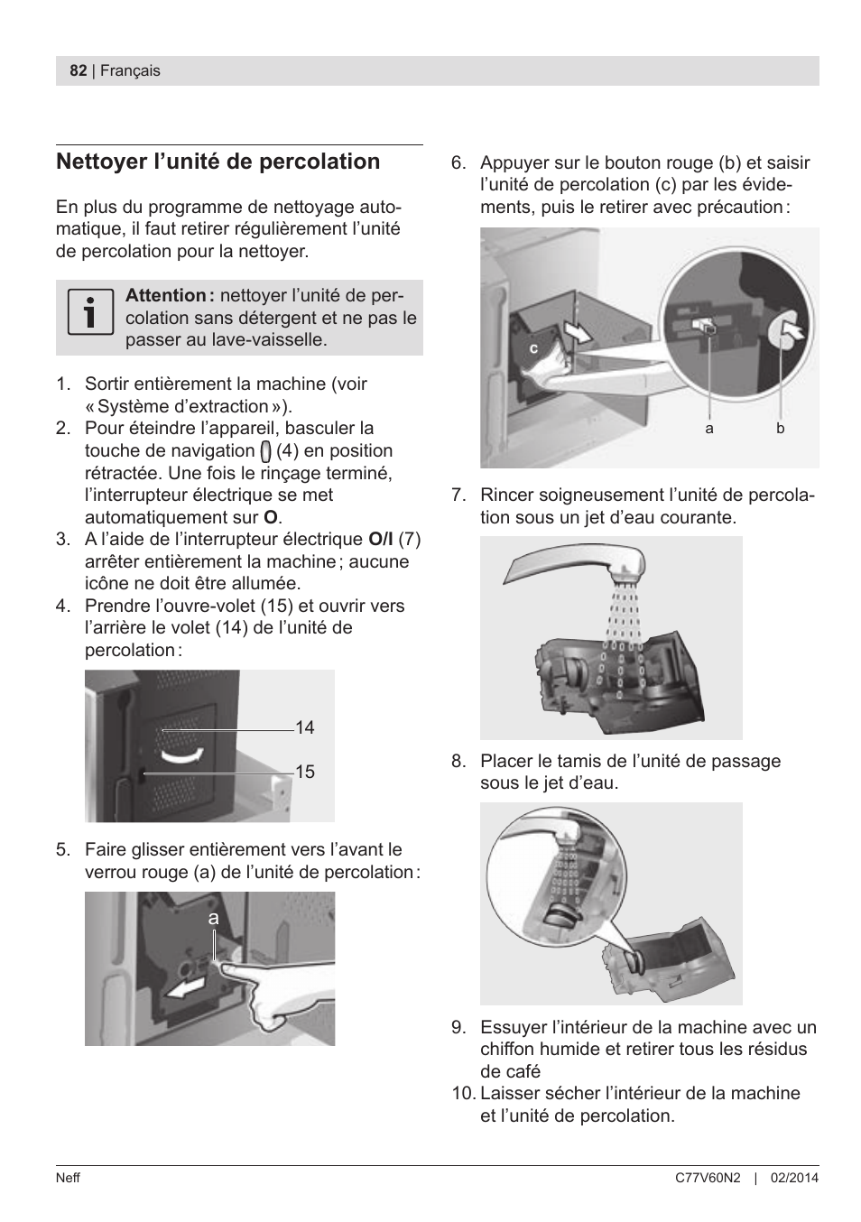 Nettoyer l’unité de percolation | Neff C77V60N2 User Manual | Page 84 / 98