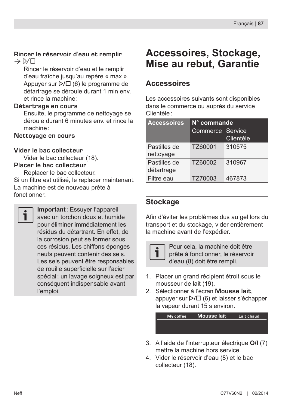 Accessoires, stockage, mise au rebut, garantie, Accessoires, Stockage | Neff C77V60N2 User Manual | Page 89 / 98