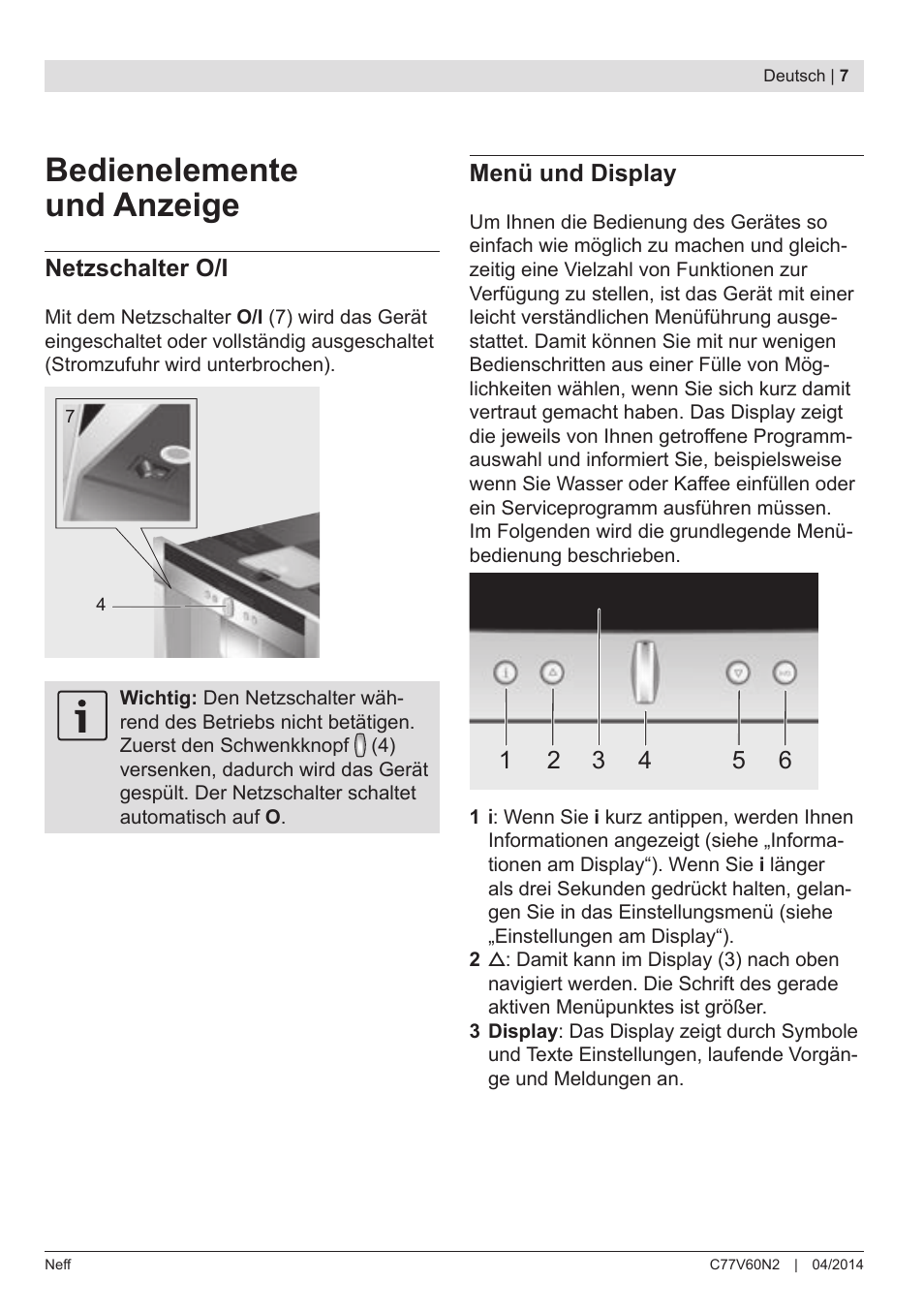 Bedienelemente und anzeige | Neff C77V60N2 User Manual | Page 9 / 98