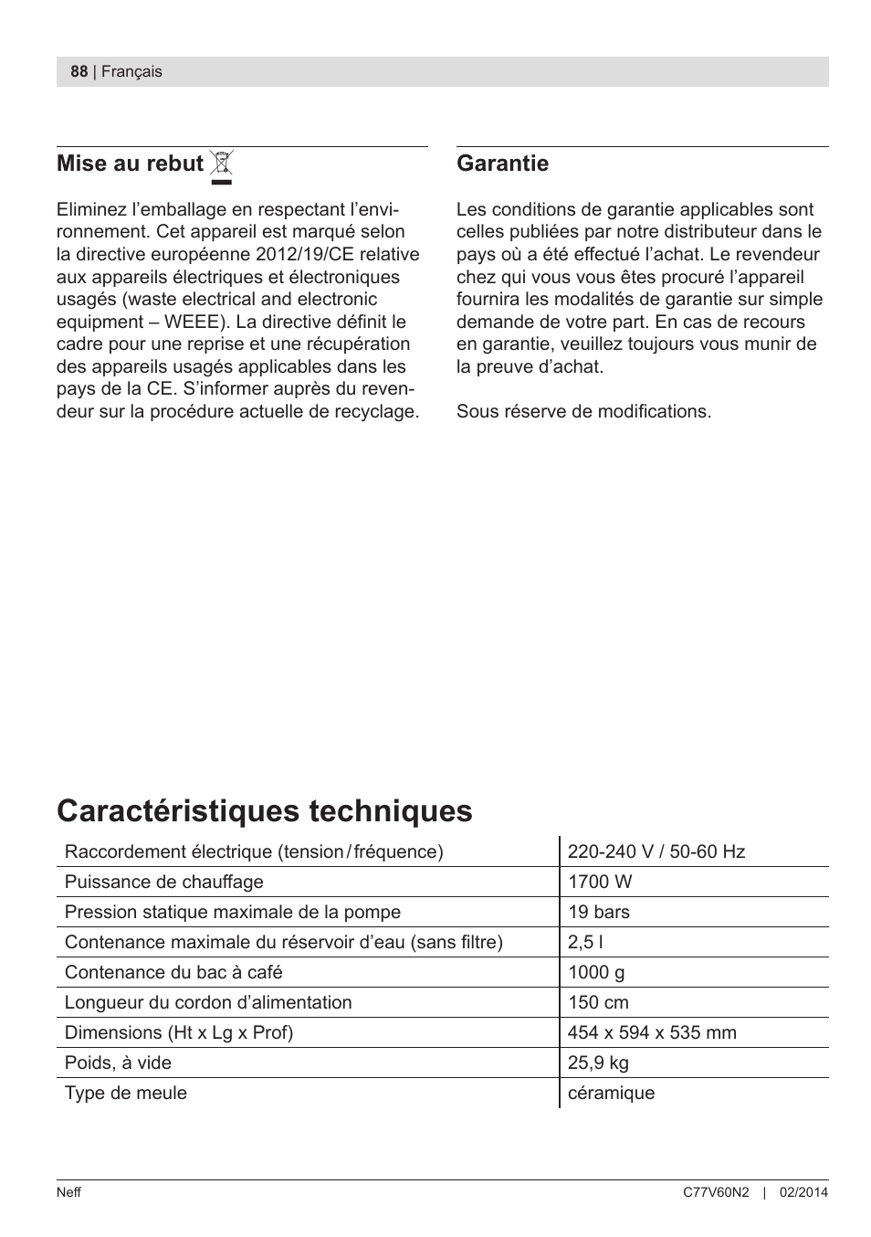 Caractéristiques techniques | Neff C77V60N2 User Manual | Page 90 / 98