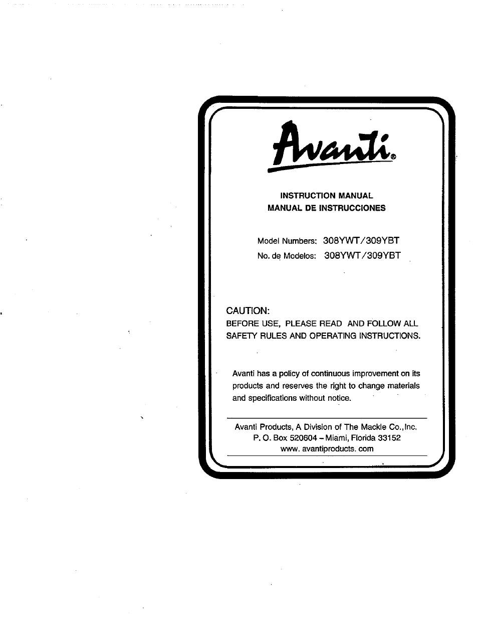 Avanti 309YBT User Manual | 22 pages