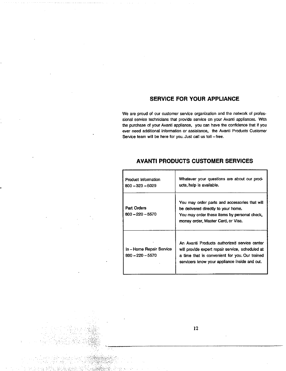 Avanti products customer services | Avanti 309YBT User Manual | Page 14 / 22