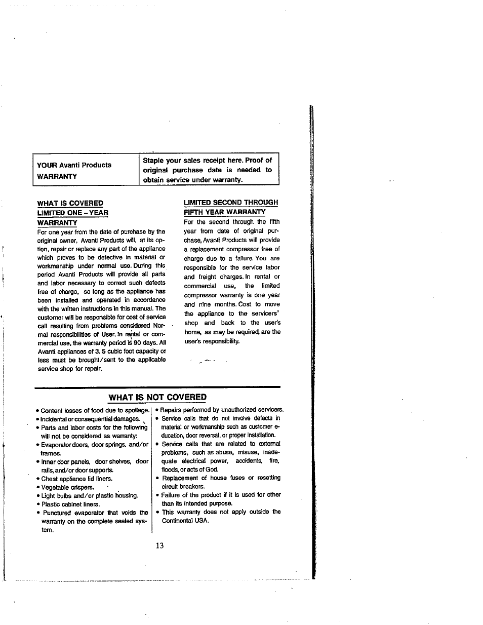 What is not covered, Limited second through fifth year warranty | Avanti 309YBT User Manual | Page 15 / 22