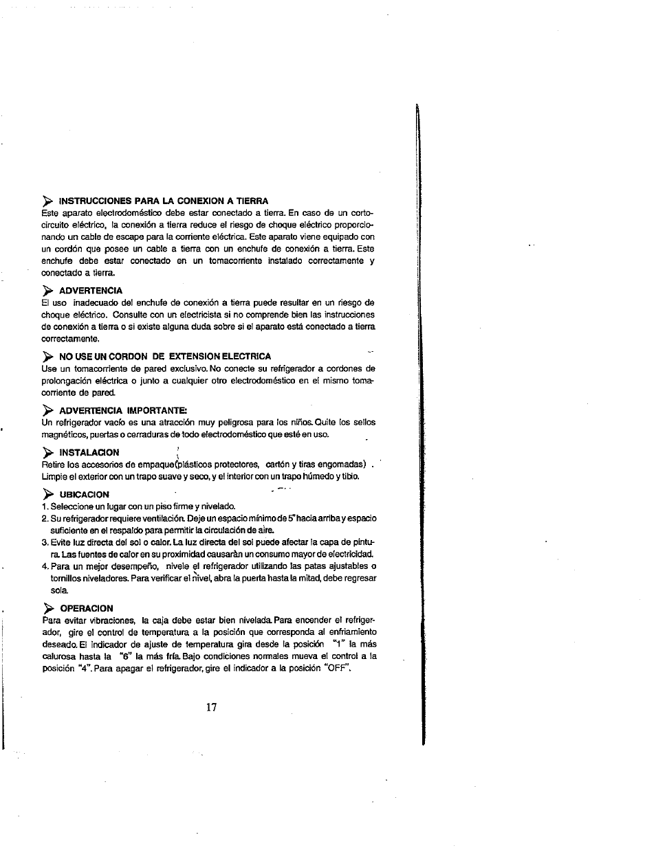 Instrucctones para la conexion a tierra, Advertencia, No use un cordon de extension electrica | Advertencia importante, Instalacion, Ubicacion, Operacion | Avanti 309YBT User Manual | Page 19 / 22