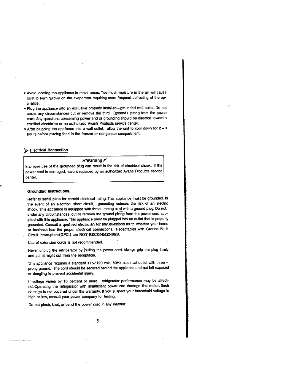 Electrical connection, Electrical connection y warning y | Avanti 309YBT User Manual | Page 7 / 22