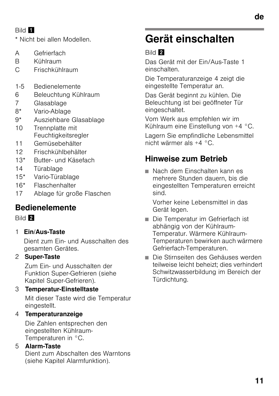 Bedienelemente, Gerät einschalten, Hinweise zum betrieb | De 11 | Neff KI8423D30 User Manual | Page 11 / 105
