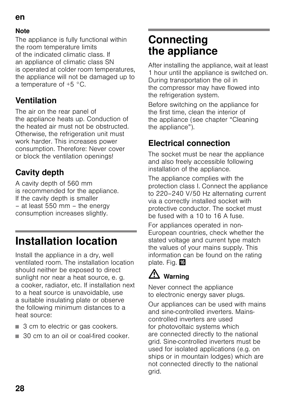 Ventilation, Cavity depth, Installation location | Connecting the appliance, Electrical connection, Installation location connecting the appliance, En 28 | Neff KI8423D30 User Manual | Page 28 / 105