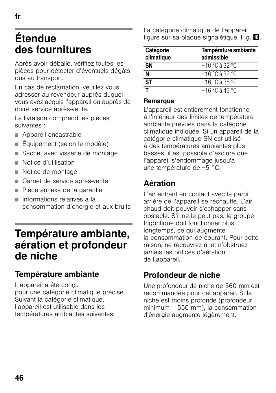 Étendue des fournitures, Température ambiante, Aération | Profondeur de niche, Et profondeur de niche, Fr 46 | Neff KI8423D30 User Manual | Page 46 / 105