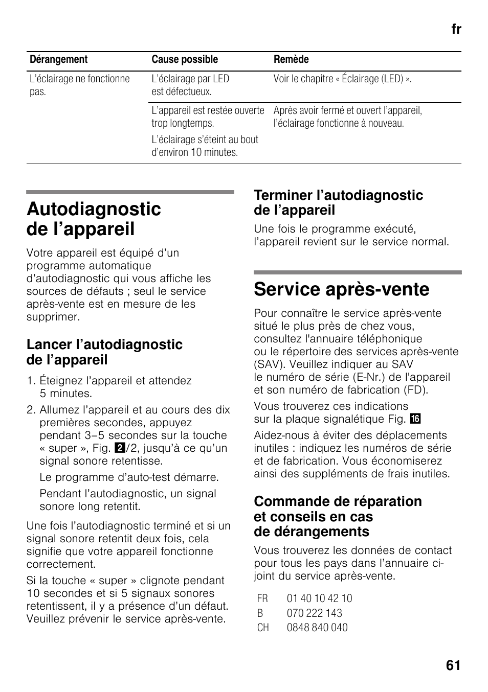 Autodiagnostic de l’appareil, Lancer l’autodiagnostic de l’appareil, Terminer l’autodiagnostic de l’appareil | Service après-vente, Autodiagnostic de l’appareil service après-vente, Fr 61 | Neff KI8423D30 User Manual | Page 61 / 105