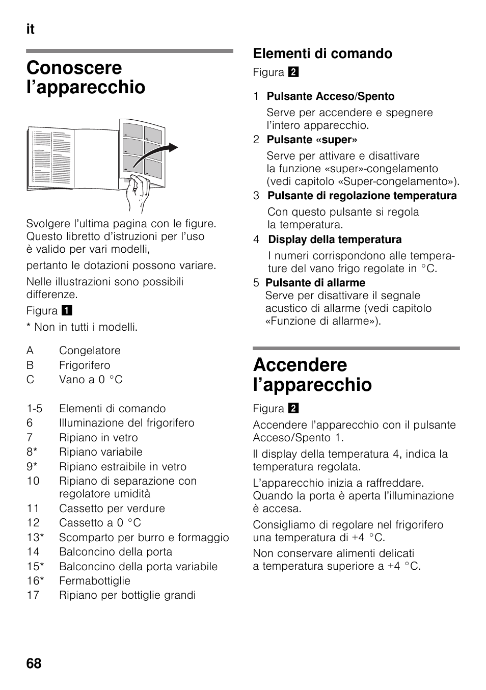 Conoscere l’apparecchio, Elementi di comando, Accendere l’apparecchio | Conoscere l’apparecchio accendere l’apparecchio, It 68 | Neff KI8423D30 User Manual | Page 68 / 105