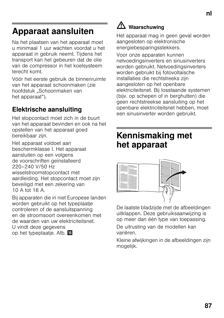 Apparaat aansluiten, Elektrische aansluiting, Kennismaking met het apparaat | Apparaat aansluiten kennismaking met het apparaat, Nl 87 | Neff KI8423D30 User Manual | Page 87 / 105