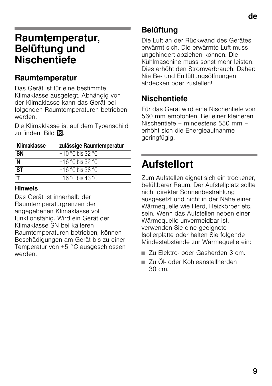 Raumtemperatur, belüftung und nischentiefe, Raumtemperatur, Belüftung | Nischentiefe, Aufstellort, Nischentiefe aufstellort, De 9 | Neff KI8423D30 User Manual | Page 9 / 105